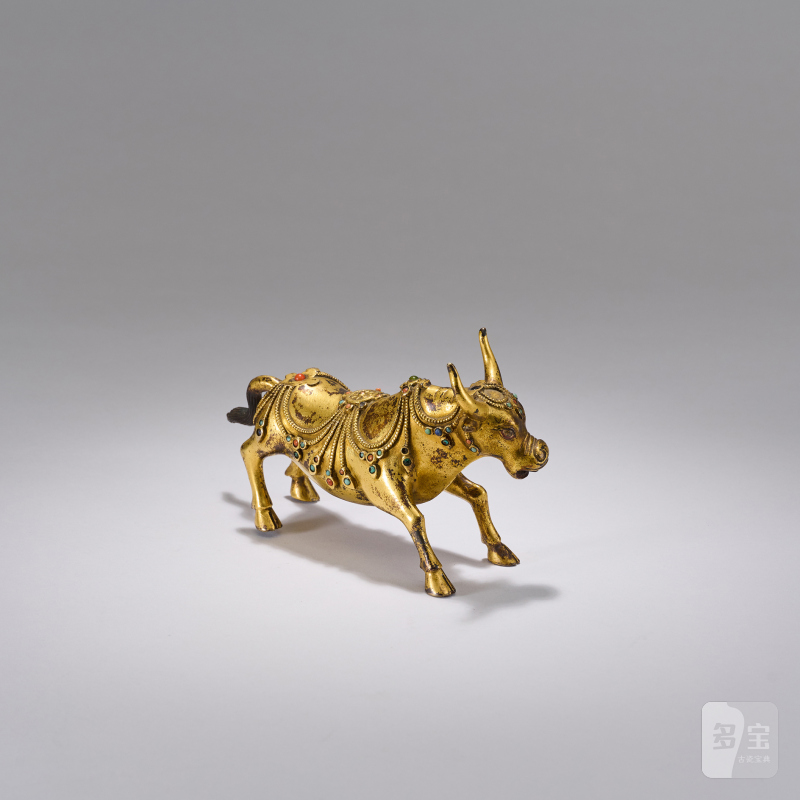 清 铜鎏金嵌宝石奔牛摆件 - 图4